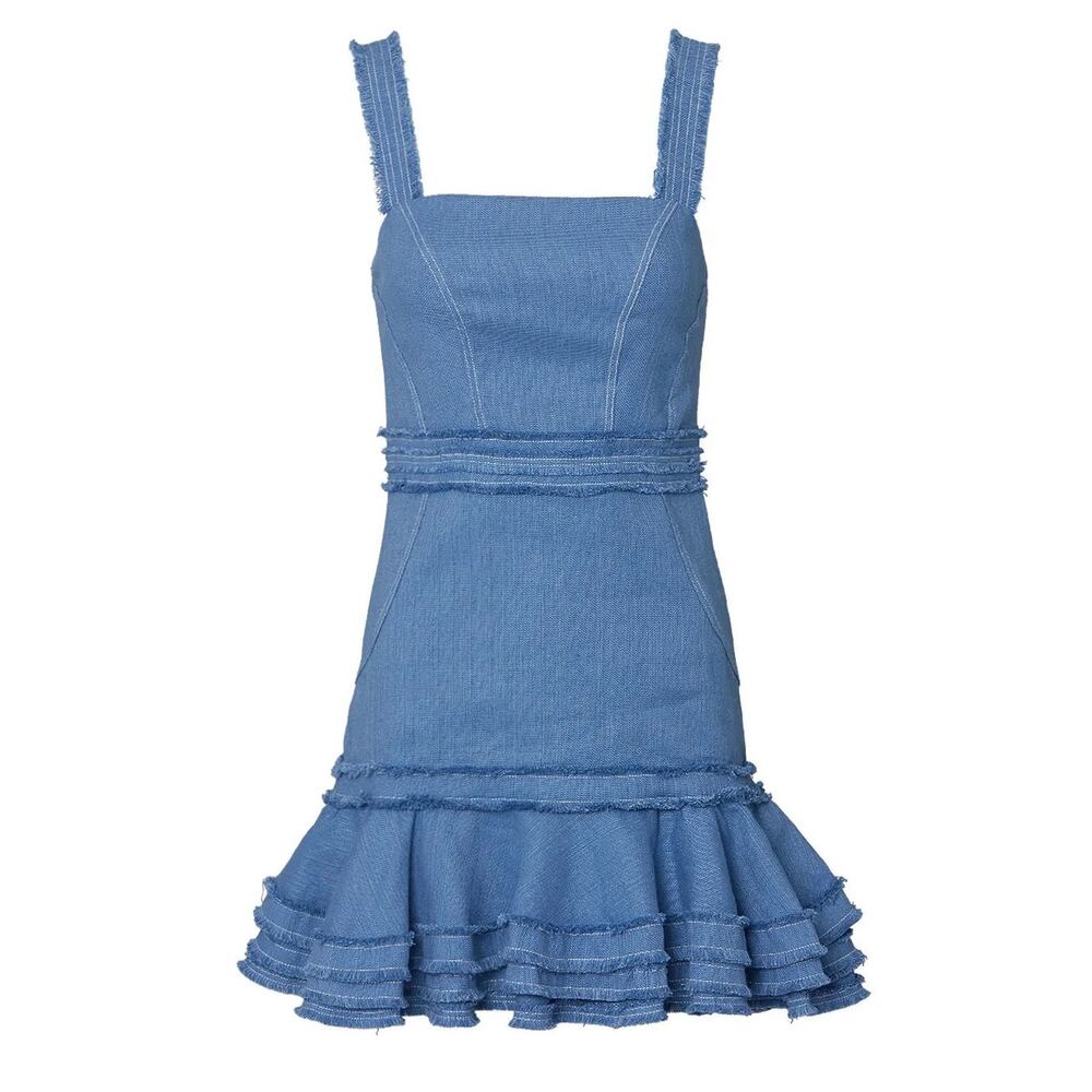 Alexis Judith Ruffle Mini Dress in Shell Blue Linen Blend XS Fit & Flare Boho